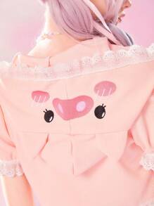 ROMWE Kawaii Áo tay phồng ren tương phản đồ họa hoạt hình - Hồng - Xem 6