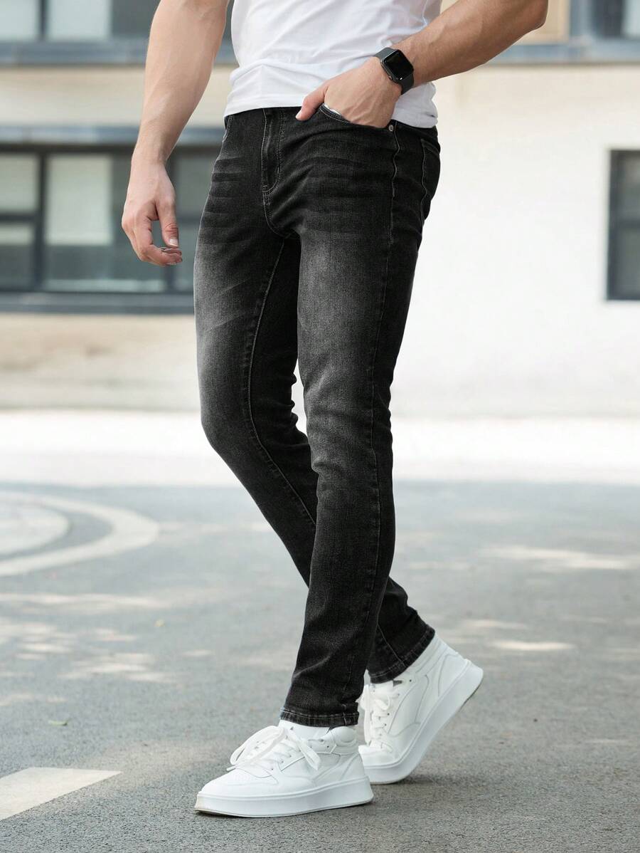 Men Slant Pocket Skinny Jeans - Black - View 1