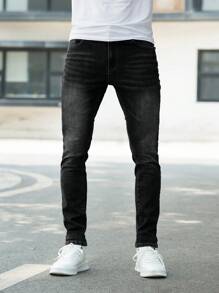 Men Slant Pocket Skinny Jeans - Black - View 3