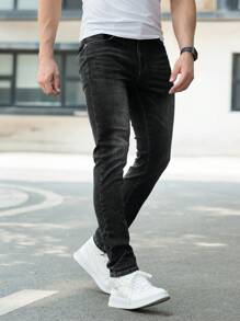 Men Slant Pocket Skinny Jeans - Black - View 4
