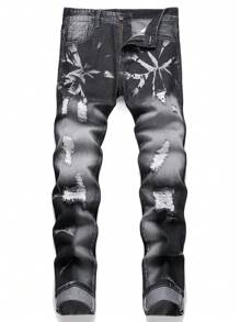 Hombres Jeans con estampado de dibujo desgarro crudo con lavado - Negro - Ver 1