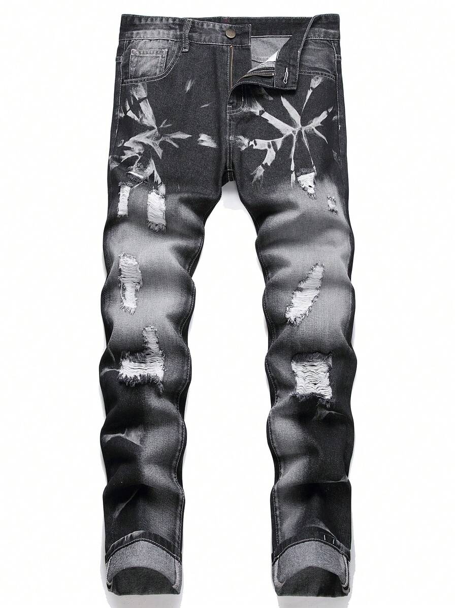 Hombres Jeans con estampado de dibujo desgarro crudo con lavado - Negro - Ver 1