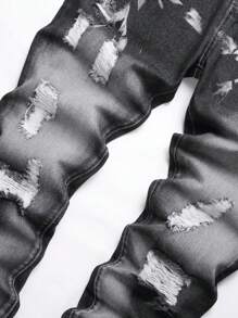Hombres Jeans con estampado de dibujo desgarro crudo con lavado - Negro - Ver 3