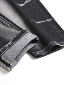 Hombres Jeans con estampado de dibujo desgarro crudo con lavado - Negro - Ver 6