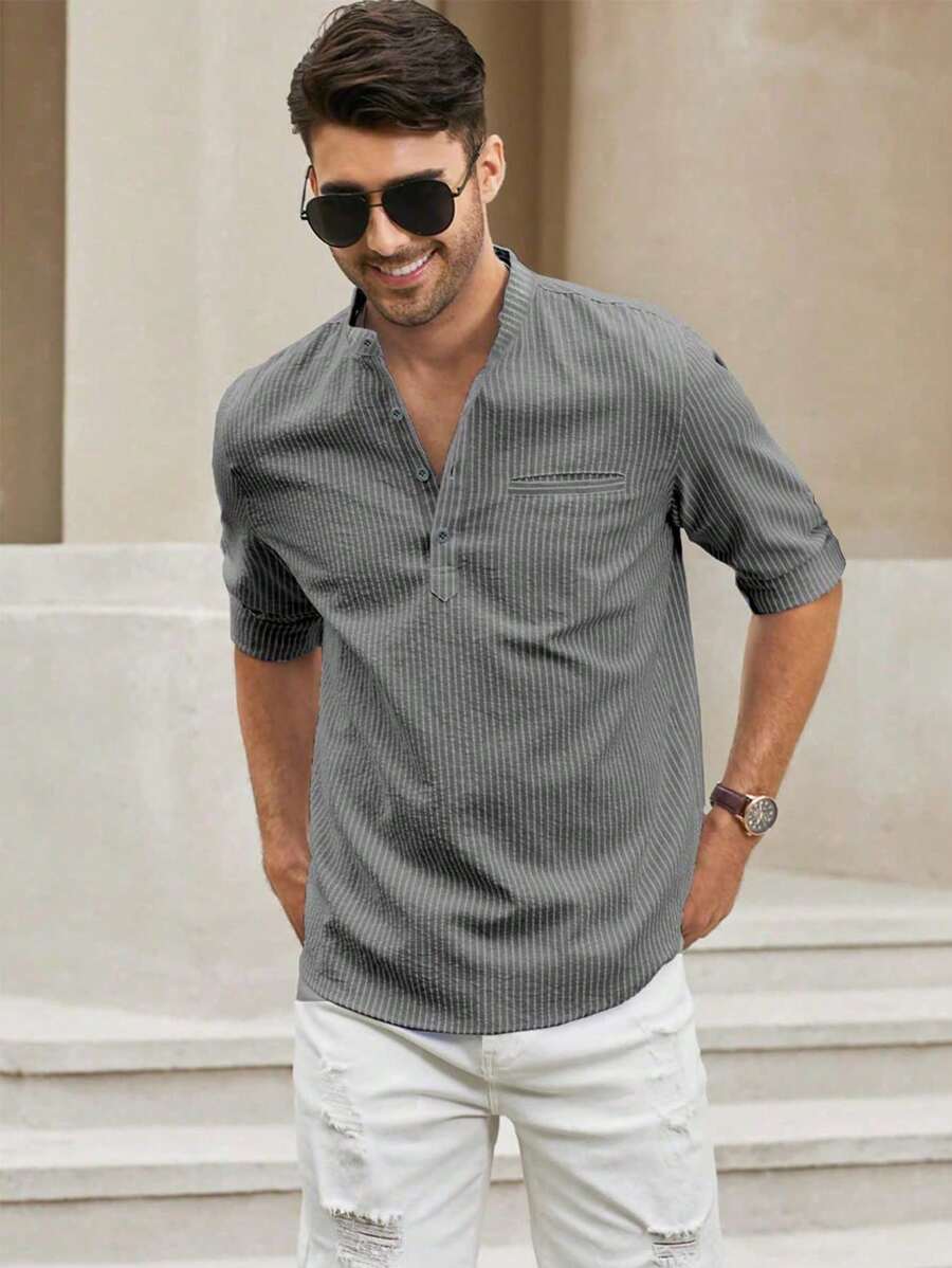 男士半排扣口袋貼布襯衫 - 灰色 - 查看 1