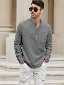 男士半排扣口袋貼布襯衫 - 灰色 - 查看 3