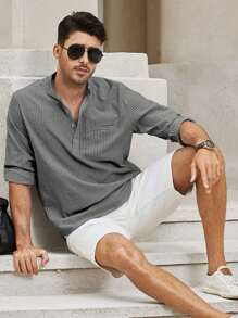 男士半排扣口袋貼布襯衫 - 灰色 - 查看 4