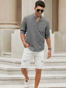 男士半排扣口袋貼布襯衫 - 灰色 - 查看 5