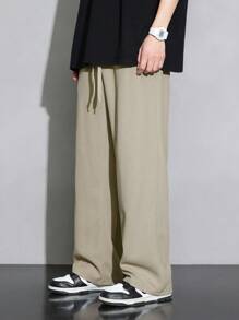 Men Drawstring Waist Straight Leg Pants, Fall - Beige - View 3