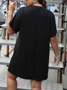 SHEIN Coolane Plus Car & Letter Graphic Cut Out Dolman Sleeve Tee Dress - Black - View 2
