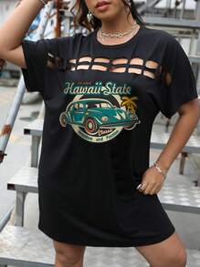 SHEIN Coolane Plus Car & Letter Graphic Cut Out Dolman Sleeve Tee Dress - Black - View 1