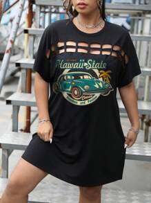 SHEIN Coolane Plus Car & Letter Graphic Cut Out Dolman Sleeve Tee Dress - Black - View 3