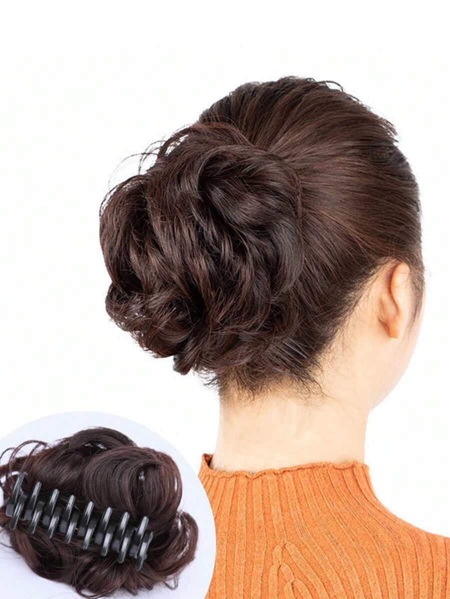 爪夾短卷合成纖維髮髻 - 棕色 - 查看 1