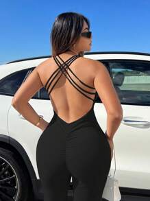 SHEIN SXY 素色交叉露背褶邊吊帶彈力緊身連體褲