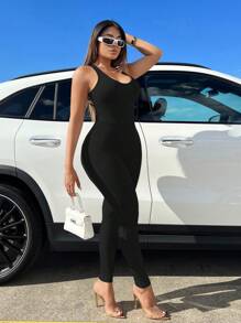 SHEIN SXY 素色交叉露背褶邊吊帶彈力緊身連體褲