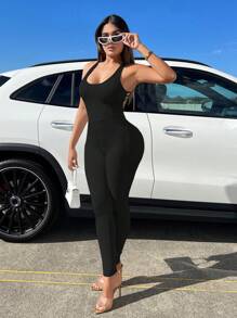 SHEIN SXY 素色交叉露背褶邊吊帶彈力緊身連體褲