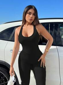 SHEIN SXY 素色交叉露背褶邊吊帶彈力緊身連體褲