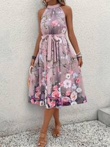 SHEIN Clasi Floral Print Belted Halter Dress - Multicolor - View 3