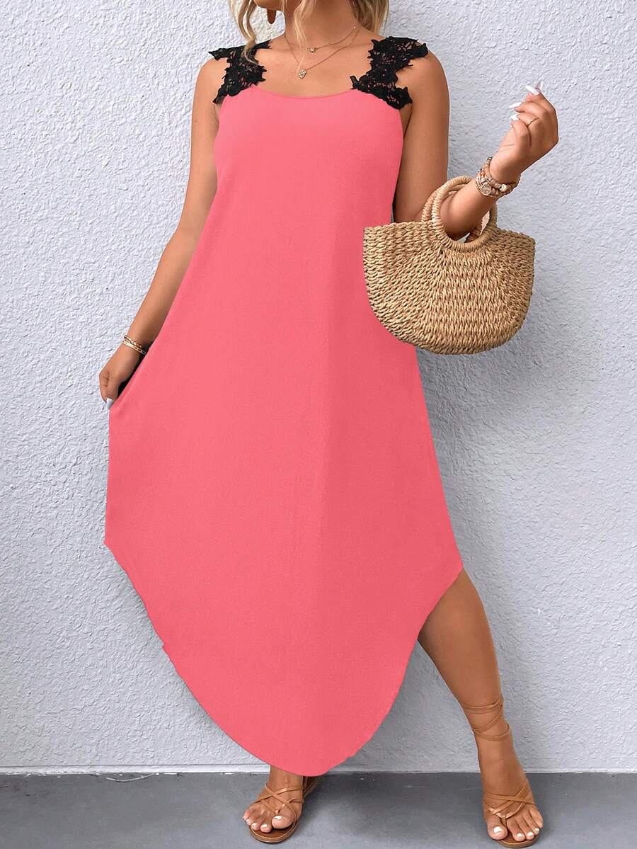 SHEIN Holidaya 大碼拼接水溶蕾絲弧形下擺吊帶洋裝 - 粉色 - 查看 1