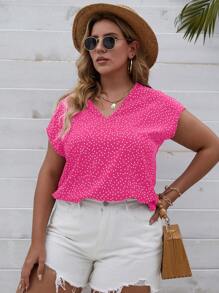 SHEIN LUNE Plus Polka Dot Print Batwing Sleeve Blouse - Hot Pink - View 3