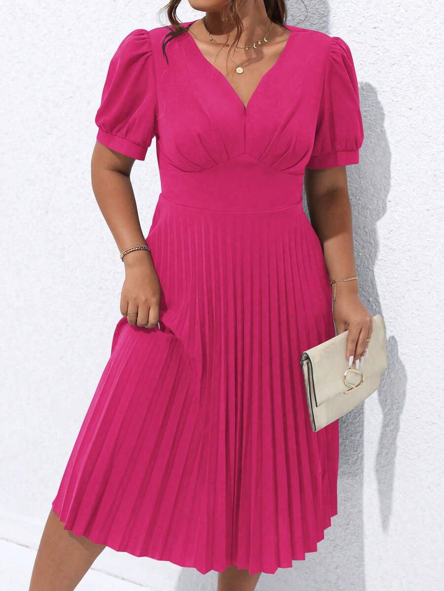 Celure 大碼泡泡袖百褶下擺連衣裙 - 玫紅色 - 查看 1