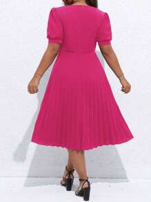 Celure 大碼泡泡袖百褶下擺連衣裙 - 玫紅色 - 查看 2