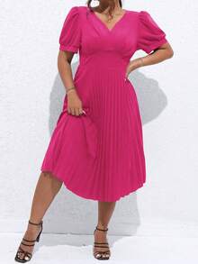 Celure 大碼泡泡袖百褶下擺連衣裙 - 玫紅色 - 查看 3