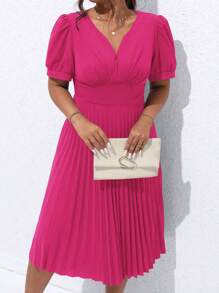 Celure 大碼泡泡袖百褶下擺連衣裙 - 玫紅色 - 查看 4