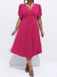 Celure 大碼泡泡袖百褶下擺連衣裙 - 玫紅色 - 查看 5