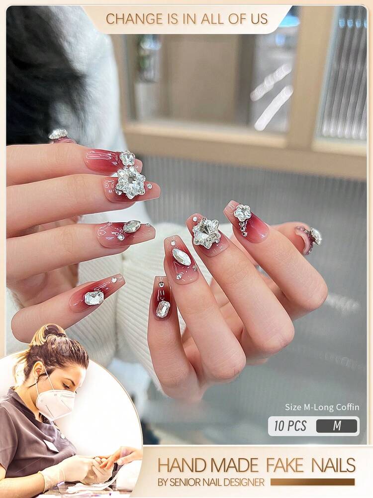 GIRL PLUS שדרג באופן מיידי את המראה שלך עם 10 יחידות ארוך ארון מתים ריינסטון דקור כיסוי מלא סט ציפורניים מזויפות - בורגונדי - ראה 1