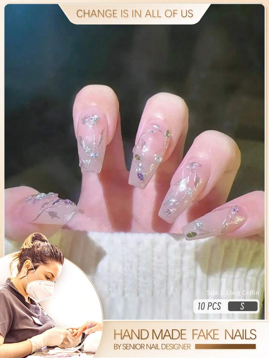 使用10入組長棺材3D水鑽裝飾全覆蓋假指甲套件立即升級您外觀 - 淺粉色 - 查看 1