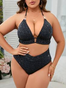 SHEIN Swim Curve Plus Size Glitter Halter Triangle Bikini Set Summer Beach - Black - View 1
