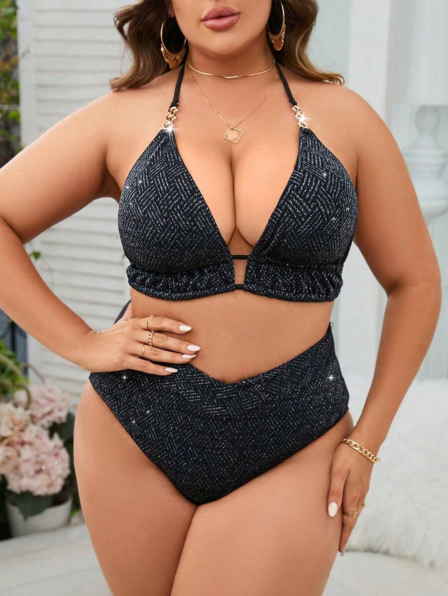 SHEIN Swim Curve Plus Size Glitter Halter Triangle Bikini Set Summer Beach - Black - View 1