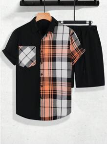 Manfinity Homme Men Plaid Print Shirt & Drawstring Waist Shorts - Black - View 1