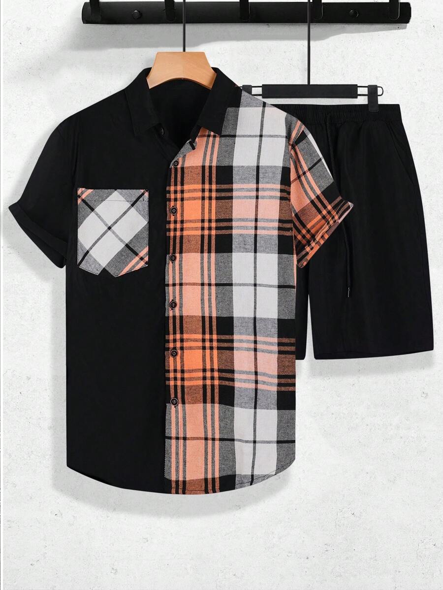 Manfinity Homme Men Plaid Print Shirt & Drawstring Waist Shorts - Black - View 1