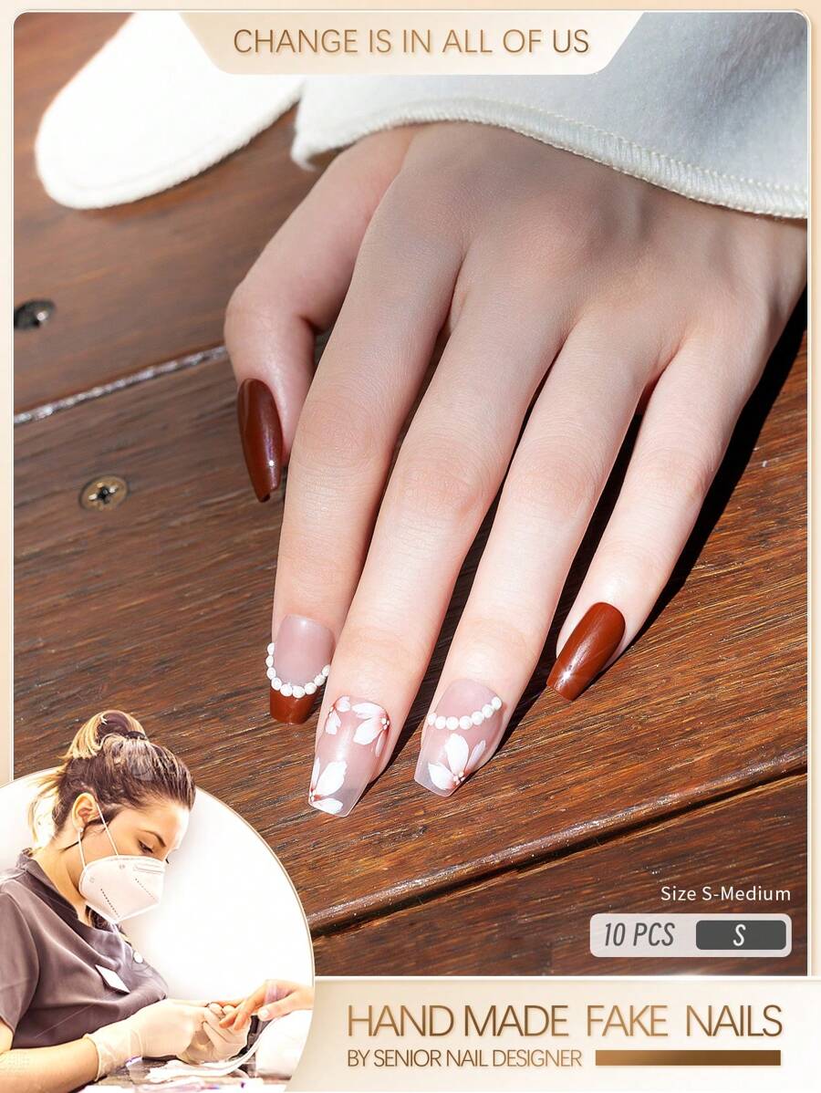 用10入组短棺材人造珍珠裝飾全覆蓋假指甲套裝瞬間提升您裝扮 - 酒紅色 - 查看 1