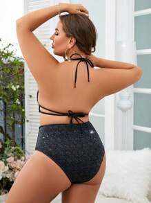 SHEIN Swim Curve Plus Size Glitter Halter Triangle Bikini Set Summer Beach - Black - View 2