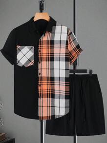 Manfinity Homme Men Plaid Print Shirt & Drawstring Waist Shorts - Black - View 4