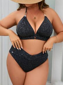 SHEIN Swim Curve Plus Size Glitter Halter Triangle Bikini Set Summer Beach - Black - View 5