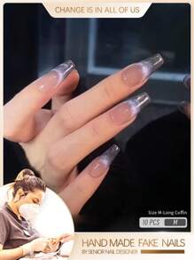 10 Piezas De Uñas Postizas De Ojo De Gato Francés Con Estilo Holográfico Degradado (largo) Con Acabado Brillante, Hecho A Mano Para Mujeres - Morado Violeta - Ver 1