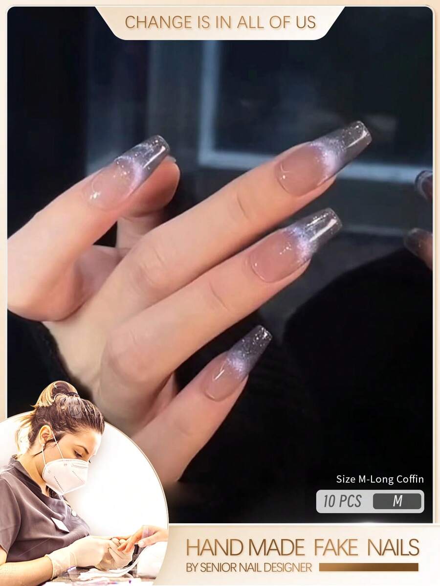 10 Piezas De Uñas Postizas De Ojo De Gato Francés Con Estilo Holográfico Degradado (largo) Con Acabado Brillante, Hecho A Mano Para Mujeres - Morado Violeta - Ver 1