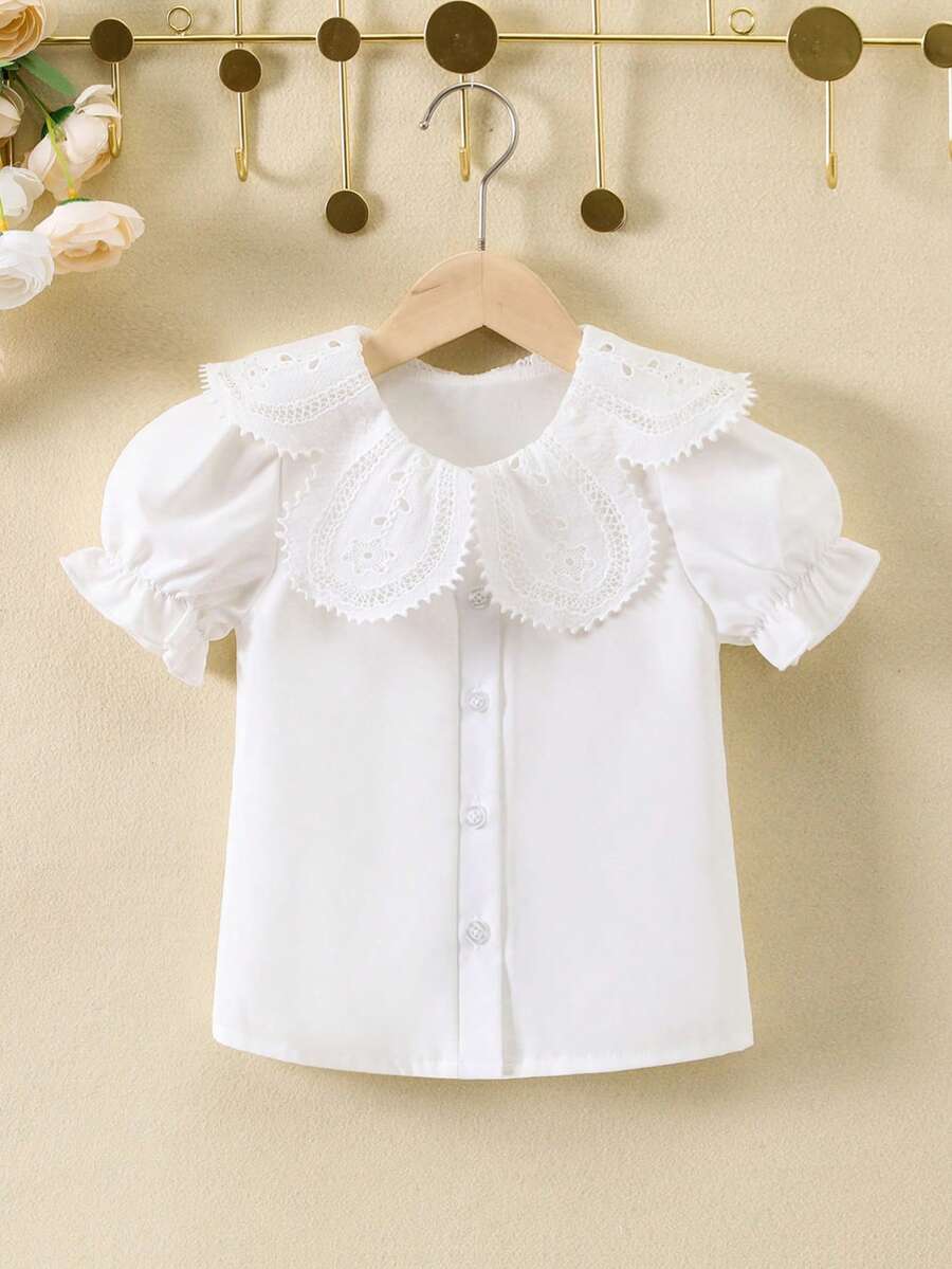 SHEIN 夏季少女白色優雅純色襯衫,配彼得潘領和公主袖 - 白色 - 查看 1