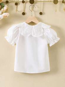 SHEIN 夏季少女白色優雅純色襯衫,配彼得潘領和公主袖 - 白色 - 查看 2