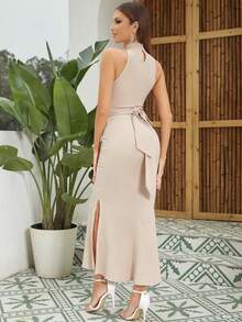 Solid Belted Halter Dress - Apricot - View 2