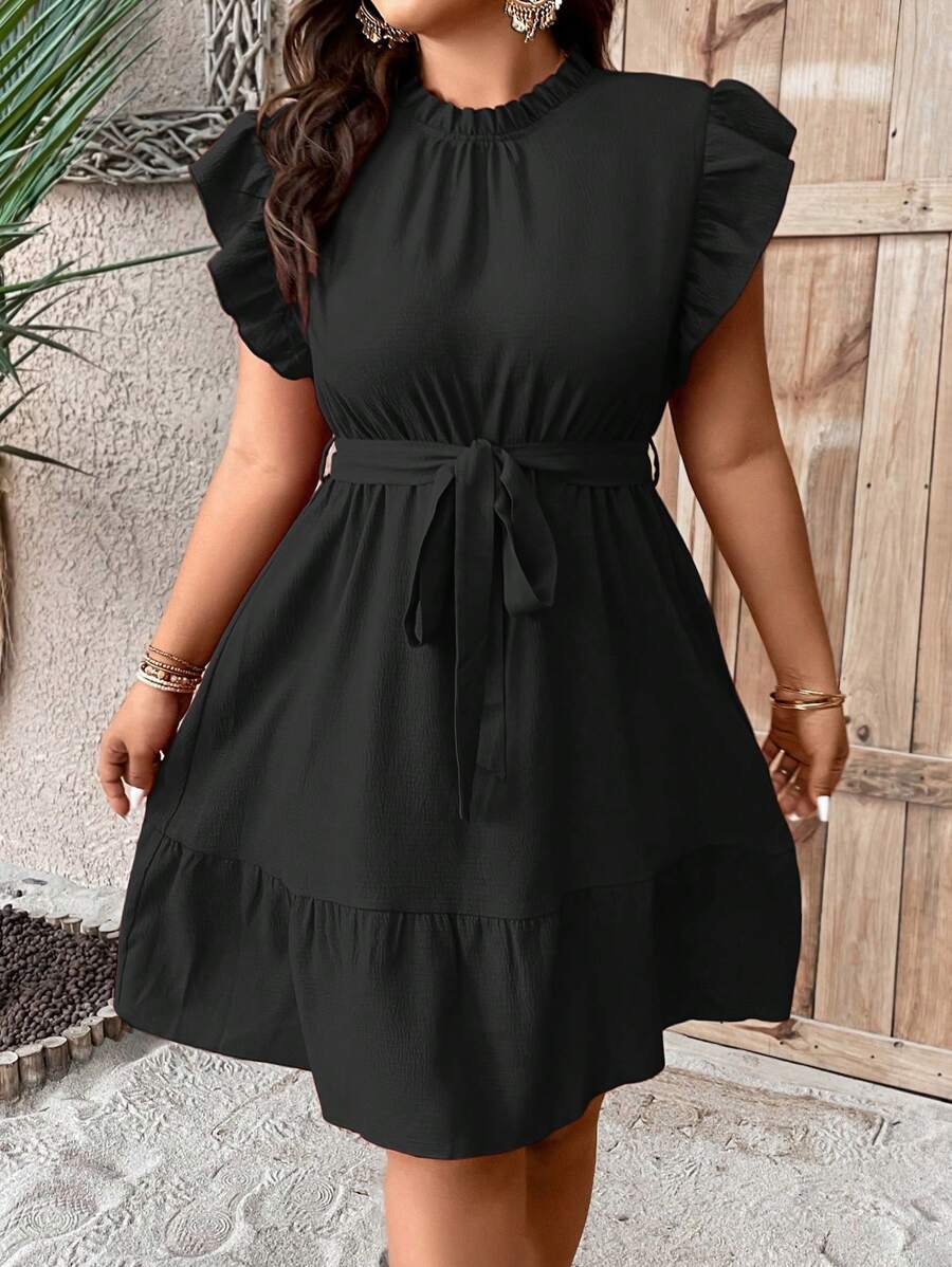 EMERY ROSE Plus Ruffle Trim Solid Belted Dress - Black - View 1