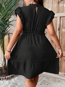 EMERY ROSE Plus Ruffle Trim Solid Belted Dress - Black - View 2