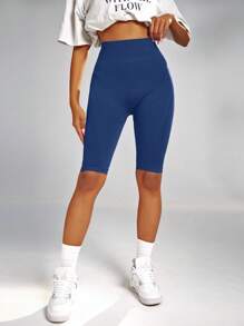 Yoga Basic Wide Waistband Sports Shorts - Blue - View 3