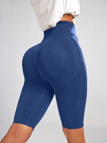 Yoga Basic Wide Waistband Sports Shorts - Blue - View 4