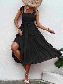 Breezaya Đầm Lộ Lưng Thắt nút Viên lá sen màu trơn Giải trí - màu đen - Xem 6