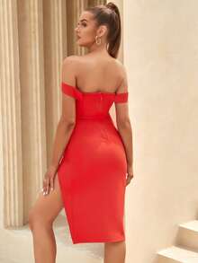 Off Shoulder Split Thigh Bustier Bandage Dress - Red - View 2